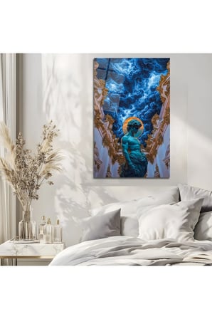 Mavi Bulutlar ve Antik Heykel Temalı Lüks Cam Tablo Dekoratif Duvar Tablosu Modern Salon Duvar Dekoru Oturma Odası Yatak Odası Tablosu 4mm Temperli Cam Tablo Lüks Ev Dekorasyonu Duvar Sanatı Hediyelik