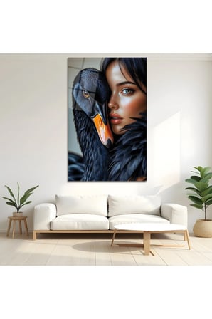 Siyah Kuğu ve Gizemli Kadın Temalı Dekoratif Cam Tablo Dekoratif Duvar Tablosu Modern Salon Duvar Dekoru Oturma Odası Yatak Odası Tablosu 4mm Temperli Cam Tablo Lüks Ev Dekorasyonu Duvar Sanatı