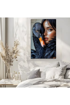 Siyah Kuğu ve Gizemli Kadın Temalı Dekoratif Cam Tablo Dekoratif Duvar Tablosu Modern Salon Duvar Dekoru Oturma Odası Yatak Odası Tablosu 4mm Temperli Cam Tablo Lüks Ev Dekorasyonu Duvar Sanatı