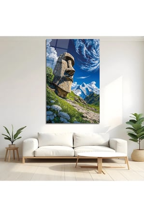 Moai Heykeli Dağ Manzaralı Cam Tablo | Modern Sanat Tablosu | Parlak ve Net Görüntü | Kafe ve Ofis İçin | Anlamlı Hediye Seçeneği | 4mm Kırılmaz Cam