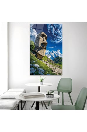 Moai Heykeli Dağ Manzaralı Cam Tablo | Modern Sanat Tablosu | Parlak ve Net Görüntü | Kafe ve Ofis İçin | Anlamlı Hediye Seçeneği | 4mm Kırılmaz Cam