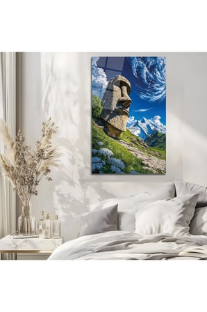 Moai Heykeli Dağ Manzaralı Cam Tablo | Modern Sanat Tablosu | Parlak ve Net Görüntü | Kafe ve Ofis İçin | Anlamlı Hediye Seçeneği | 4mm Kırılmaz Cam