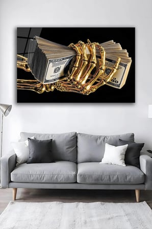 Lüks Altın İskelet El Dolar Cam Tablo Modern Siyah Gold Duvar Dekoru Salon Ofis Dekoratif Tablo Oturma Odası Yatak Odası Tablosu 4mm Temperli Cam Tablo Lüks Ev Dekorasyonu Duvar Sanatı Kaliteli Baskı