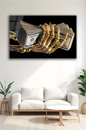 Lüks Altın İskelet El Dolar Cam Tablo Modern Siyah Gold Duvar Dekoru Salon Ofis Dekoratif Tablo Oturma Odası Yatak Odası Tablosu 4mm Temperli Cam Tablo Lüks Ev Dekorasyonu Duvar Sanatı Kaliteli Baskı