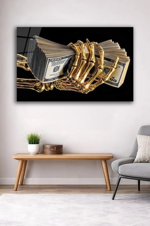 Lüks Altın İskelet El Dolar Cam Tablo Modern Siyah Gold Duvar Dekoru Salon Ofis Dekoratif Tablo Oturma Odası Yatak Odası Tablosu 4mm Temperli Cam Tablo Lüks Ev Dekorasyonu Duvar Sanatı Kaliteli Baskı