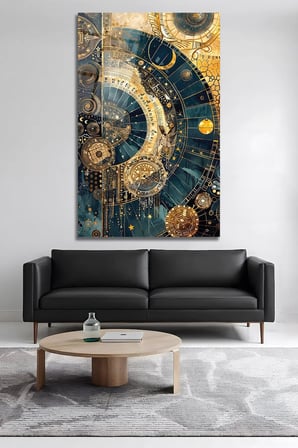 Astronomi ve Zaman Altın Mavi Kozmik Cam Tablo | Modern Sanat Tablosu | UV Baskılı Canlı Renkler | Yatak Odası ve Antre | Anlamlı Hediye Seçeneği