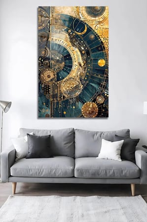 Astronomi ve Zaman Altın Mavi Kozmik Cam Tablo | Modern Sanat Tablosu | UV Baskılı Canlı Renkler | Yatak Odası ve Antre | Anlamlı Hediye Seçeneği