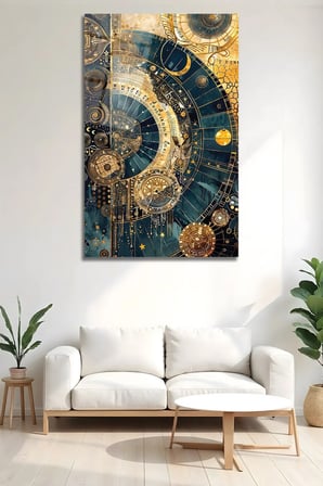 Astronomi ve Zaman Altın Mavi Kozmik Cam Tablo | Modern Sanat Tablosu | UV Baskılı Canlı Renkler | Yatak Odası ve Antre | Anlamlı Hediye Seçeneği