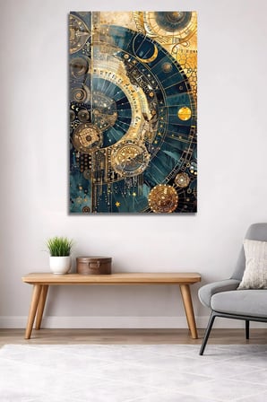 Astronomi ve Zaman Altın Mavi Kozmik Cam Tablo | Modern Sanat Tablosu | UV Baskılı Canlı Renkler | Yatak Odası ve Antre | Anlamlı Hediye Seçeneği