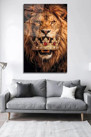 Aslan Kral Taçlı Cam Tablo Lüks Dekoratif Aslan Duvar Tablosu, Modern Salon, Ofis Dekoru Oturma Odası Yatak Odası Tablosu 4mm Temperli Cam Tablo Lüks Ev Dekorasyonu Duvar Sanatı Kaliteli Baskı Estetik