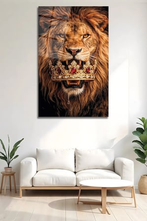 Aslan Kral Taçlı Cam Tablo Lüks Dekoratif Aslan Duvar Tablosu, Modern Salon, Ofis Dekoru Oturma Odası Yatak Odası Tablosu 4mm Temperli Cam Tablo Lüks Ev Dekorasyonu Duvar Sanatı Kaliteli Baskı Estetik
