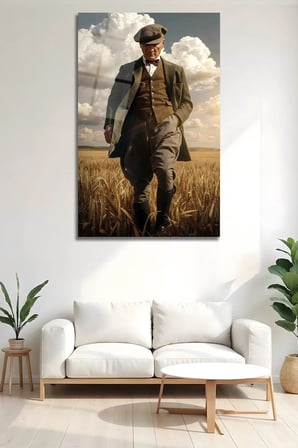 Mustafa Kemal Atatürk Cam Tablo Buğday Tarlası Temalı Dekoratif Duvar Tablosu Modern Salon Duvar Dekoru Oturma Odası Yatak Odası Tablosu 4mm Temperli Cam Tablo Lüks Ev Dekorasyonu Duvar Sanatı Estetik