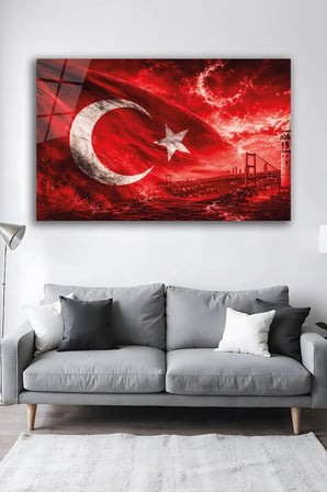 Türk Bayrağı Ay Yıldız Boğaz Köprüsü Cam Tablo | Şık Duvar Tablosu | Solmayan Canlı Renkler | Salon ve Oturma Odası | Ev Hediyesi | Parlak Cam Yüzey