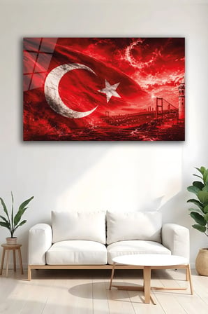 Türk Bayrağı Ay Yıldız Boğaz Köprüsü Cam Tablo | Şık Duvar Tablosu | Solmayan Canlı Renkler | Salon ve Oturma Odası | Ev Hediyesi | Parlak Cam Yüzey