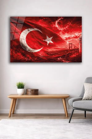 Türk Bayrağı Ay Yıldız Boğaz Köprüsü Cam Tablo | Şık Duvar Tablosu | Solmayan Canlı Renkler | Salon ve Oturma Odası | Ev Hediyesi | Parlak Cam Yüzey