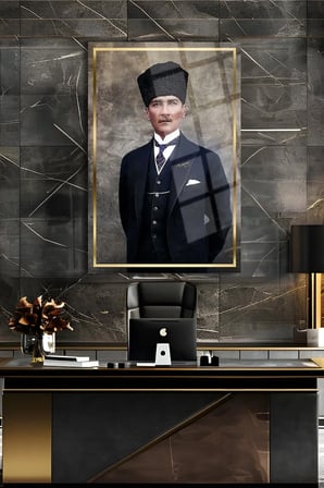 Atatürk Gold Ulta Tabo Cam Tablo | Şık Duvar Tablosu | Solmayan Canlı Renkler | Ofis ve Çalışma Odası | Ev Hediyesi | Parlak Cam Yüzey