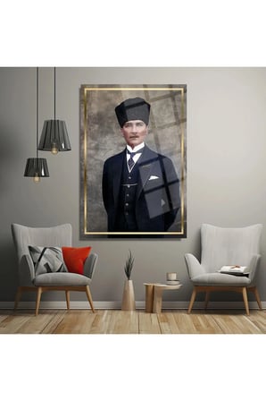 Atatürk Gold Ulta Tabo Cam Tablo | Şık Duvar Tablosu | Solmayan Canlı Renkler | Ofis ve Çalışma Odası | Ev Hediyesi | Parlak Cam Yüzey