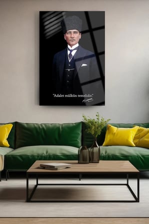 Atatürk Vatan Bayrak Hukuk Bürosu Cam Tablo | Modern Duvar Dekoru | UV Baskılı Canlı Renkler | Ev ve İş Yeri | Yeni Ev Hediyesi | 4mm Kırılmaz Cam