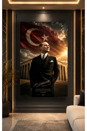 Mustafa Kemal Atatürk Türk Bayrağı ve Cam Tablo | Sanatsal Duvar Dekoru | Canlı Renkli Baskı | Salon ve Oturma Odası | Sevdiklerinize Hediyelik