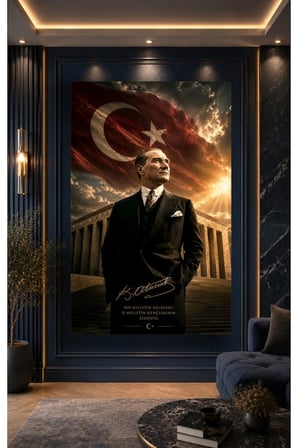 Mustafa Kemal Atatürk Türk Bayrağı ve Cam Tablo | Sanatsal Duvar Dekoru | Canlı Renkli Baskı | Salon ve Oturma Odası | Sevdiklerinize Hediyelik