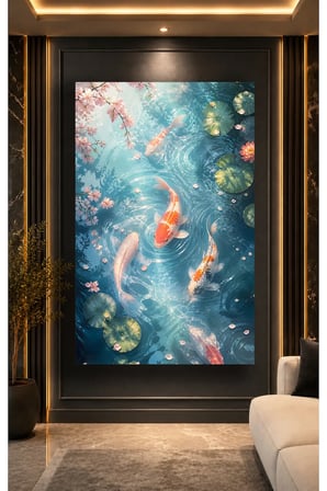 Koi Balıkları ve Nilüfer Çiçekleri Cam Tablo | Modern Sanat Tablosu | Parlak ve Net Görüntü | Yatak Odası ve Antre | Anlamlı Hediye Seçeneği