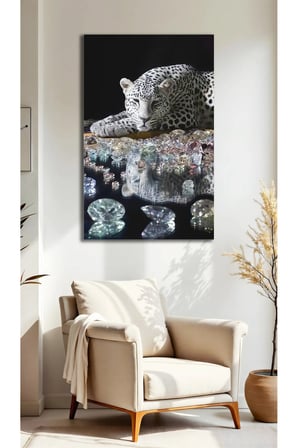 Kristal Taşlı Leopar Siyah Beyaz Vahşi Cam Tablo | Modern Duvar Dekoru | Solmayan Canlı Renkler | Salon ve Oturma Odası | Yeni Ev Hediyesi