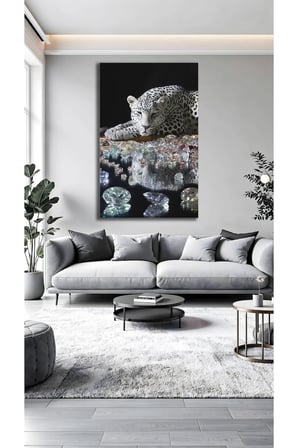 Kristal Taşlı Leopar Siyah Beyaz Vahşi Cam Tablo | Modern Duvar Dekoru | Solmayan Canlı Renkler | Salon ve Oturma Odası | Yeni Ev Hediyesi