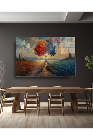 Ağaç Manzarası Cam Tablo | Modern Sanat Tablosu | Canlı Renkli Baskı | Ofis ve Çalışma Odası | Anlamlı Hediye Seçeneği | Kolay Montaj Askılı