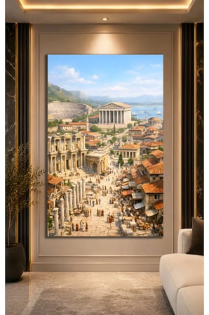 Efes Antik Kenti Cam Tablo | Modern Sanat Tablosu | Canlı Renkli Baskı | Ofis ve Çalışma Odası | Anlamlı Hediye Seçeneği | Kolay Montaj Askılı
