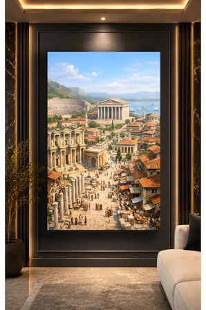 Efes Antik Kenti Cam Tablo | Modern Sanat Tablosu | Canlı Renkli Baskı | Ofis ve Çalışma Odası | Anlamlı Hediye Seçeneği | Kolay Montaj Askılı