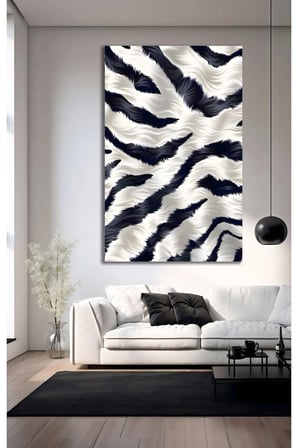 Siyah Beyaz Zebra Desenli Tüy Dokusu Cam Tablo | Modern Duvar Dekoru | UV Baskılı Canlı Renkler | Ev ve İş Yeri | Yeni Ev Hediyesi | 4mm Kırılmaz Cam
