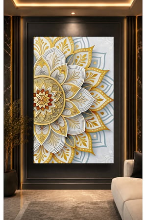 Altın Gri Mandala Çiçek Desenli Cam Tablo | Modern Duvar Dekoru | Parlak ve Net Görüntü | Kafe ve Ofis İçin | Yeni Ev Hediyesi | 4mm Kırılmaz Cam