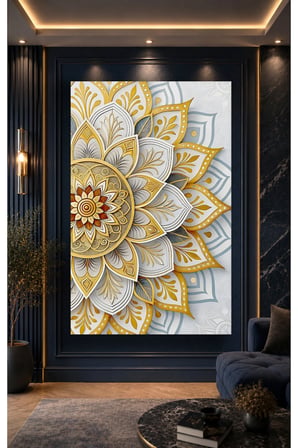 Altın Gri Mandala Çiçek Desenli Cam Tablo | Modern Duvar Dekoru | Parlak ve Net Görüntü | Kafe ve Ofis İçin | Yeni Ev Hediyesi | 4mm Kırılmaz Cam