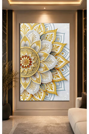 Altın Gri Mandala Çiçek Desenli Cam Tablo | Modern Duvar Dekoru | Parlak ve Net Görüntü | Kafe ve Ofis İçin | Yeni Ev Hediyesi | 4mm Kırılmaz Cam