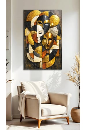 Soyut Maskeler ve Geometrik Figürler Siyah Cam Tablo | Modern Sanat Tablosu | UV Baskılı Canlı Renkler | Yatak Odası ve Antre | Anlamlı Hediye Seçeneği