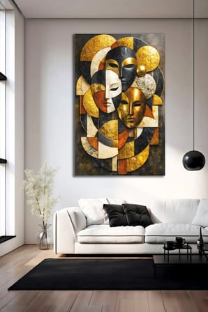 Soyut Maskeler ve Geometrik Figürler Siyah Cam Tablo | Modern Sanat Tablosu | UV Baskılı Canlı Renkler | Yatak Odası ve Antre | Anlamlı Hediye Seçeneği