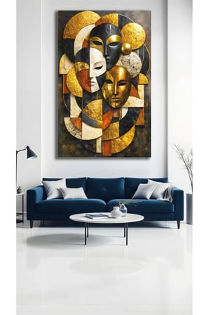 Soyut Maskeler ve Geometrik Figürler Siyah Cam Tablo | Modern Sanat Tablosu | UV Baskılı Canlı Renkler | Yatak Odası ve Antre | Anlamlı Hediye Seçeneği