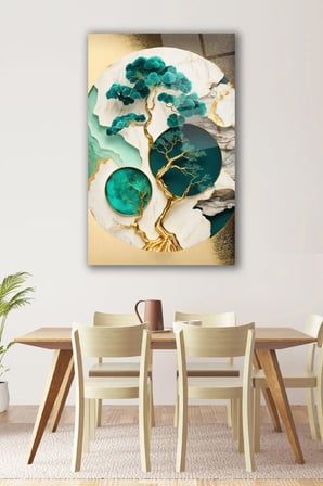 Soyut Bonsai Ağaç Yeşil Gold Büyük Cam Tablo | Modern Duvar Dekoru | Solmayan Canlı Renkler | Ofis ve Çalışma Odası | Yeni Ev Hediyesi