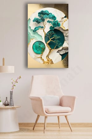 Soyut Bonsai Ağaç Yeşil Gold Büyük Cam Tablo | Modern Duvar Dekoru | Solmayan Canlı Renkler | Ofis ve Çalışma Odası | Yeni Ev Hediyesi