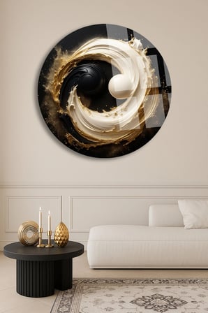 Yin Yang Ulrta Yuvarlak Cam Tablo | Modern Duvar Dekoru | Canlı Renkli Baskı | Salon ve Oturma Odası | Yeni Ev Hediyesi | 4mm Kırılmaz Cam