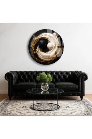 Yin Yang Ulrta Yuvarlak Cam Tablo | Modern Duvar Dekoru | Canlı Renkli Baskı | Salon ve Oturma Odası | Yeni Ev Hediyesi | 4mm Kırılmaz Cam