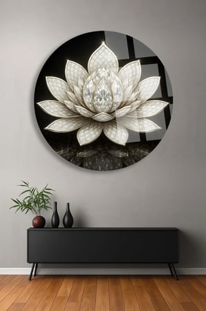 Gümüş Lotus Çiçeği Ulrta Yuvarlak Cam Tablo | Modern Duvar Dekoru | Canlı Renkli Baskı | Salon ve Oturma Odası | Yeni Ev Hediyesi | 4mm Kırılmaz Cam