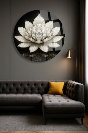 Gümüş Lotus Çiçeği Ulrta Yuvarlak Cam Tablo | Modern Duvar Dekoru | Canlı Renkli Baskı | Salon ve Oturma Odası | Yeni Ev Hediyesi | 4mm Kırılmaz Cam