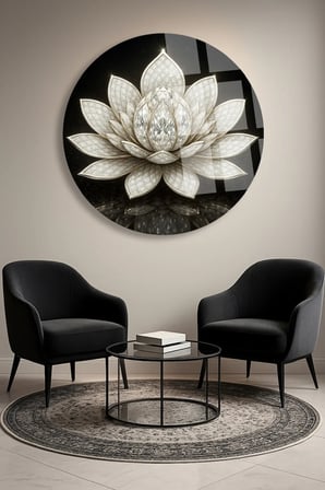 Gümüş Lotus Çiçeği Ulrta Yuvarlak Cam Tablo | Modern Duvar Dekoru | Canlı Renkli Baskı | Salon ve Oturma Odası | Yeni Ev Hediyesi | 4mm Kırılmaz Cam