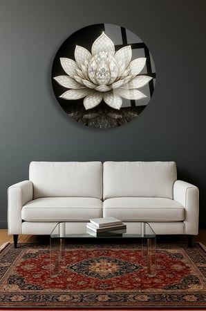 Gümüş Lotus Çiçeği Ulrta Yuvarlak Cam Tablo | Modern Duvar Dekoru | Canlı Renkli Baskı | Salon ve Oturma Odası | Yeni Ev Hediyesi | 4mm Kırılmaz Cam