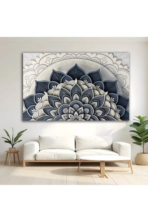 Lacivert Bej Mandala Lotus Desenli Cam Tablo | Şık Duvar Tablosu | UV Baskılı Canlı Renkler | Yatak Odası ve Antre | Ev Hediyesi | Parlak Cam Yüzey