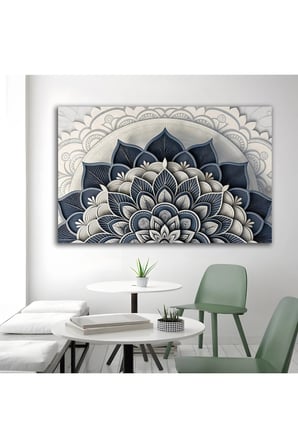 Lacivert Bej Mandala Lotus Desenli Cam Tablo | Şık Duvar Tablosu | UV Baskılı Canlı Renkler | Yatak Odası ve Antre | Ev Hediyesi | Parlak Cam Yüzey