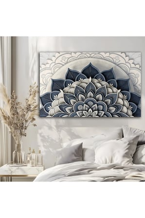 Lacivert Bej Mandala Lotus Desenli Cam Tablo | Şık Duvar Tablosu | UV Baskılı Canlı Renkler | Yatak Odası ve Antre | Ev Hediyesi | Parlak Cam Yüzey