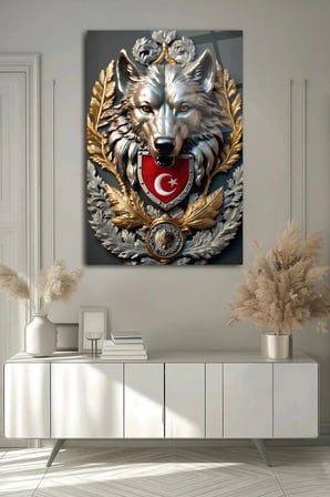 Bozkurt Türk Bayrağı Arması Cam Tablo | Şık Duvar Tablosu | UV Baskılı Canlı Renkler | Kafe ve Ofis İçin | Ev Hediyesi | Parlak Cam Yüzey