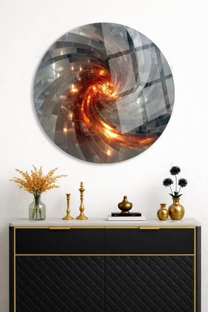 Soyut Spiral Desenli Yuvarlak Cam Tablo | Modern Duvar Dekoru | UV Baskılı Canlı Renkler | Kafe ve Ofis İçin | Yeni Ev Hediyesi | 4mm Kırılmaz Cam